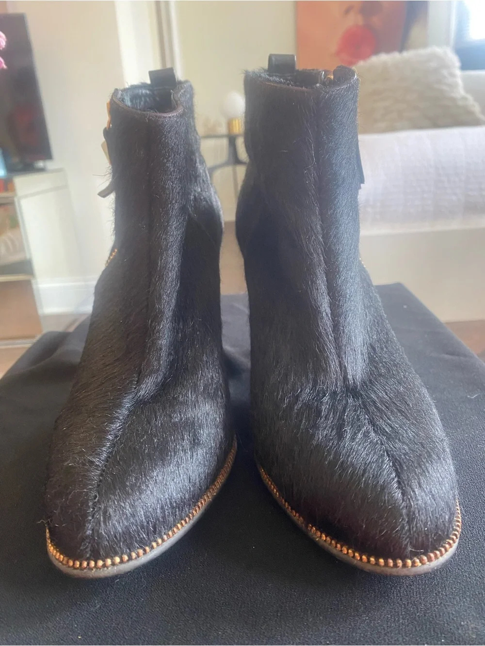 Women's Black Calfhair Ankle Boots with Gold Zipper